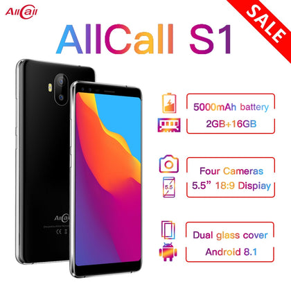 Original AllCall S1 5.5" 18:9 5000mAh Battery Android 8.1 MTK6580A Quad Core 2GB RAM 16GB ROM 8MP+2MP Cameras Smartphone