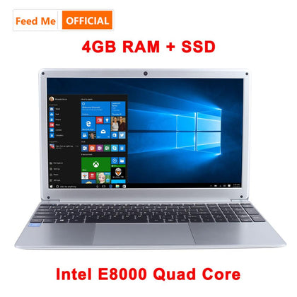 15.6 pouces 1080P ordinateur portable Intel E8000 Quad Core 4GB RAM 128GB 256GB SSD ordinateur portable avec webcam Bluetooth WiFi pour le bureau des étudiants